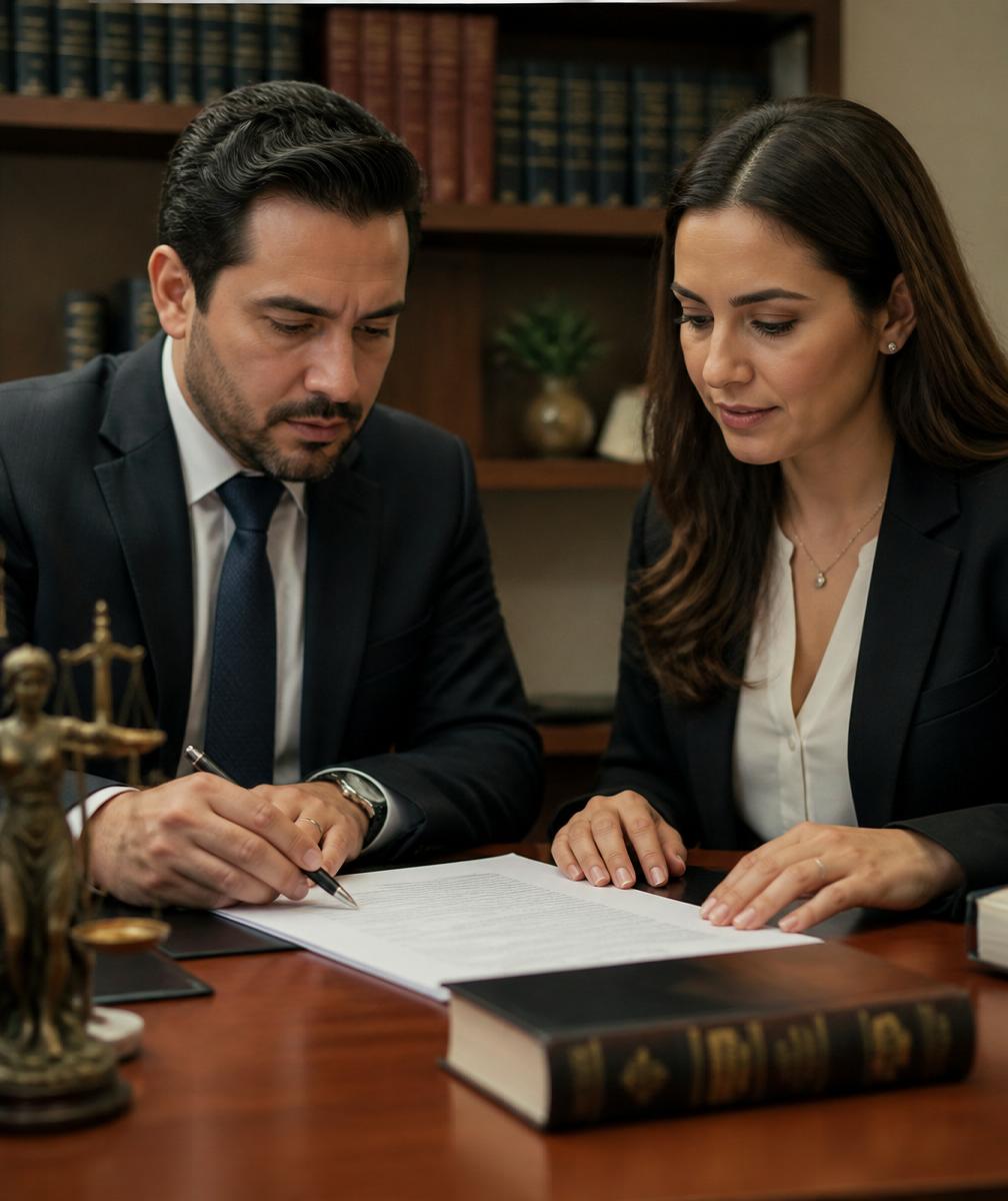 Abogados revisando un contrato en la oficina
